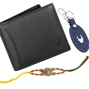WildHorn Rakhi Gift Hamper for Brother - Classic Men's Combo/Gift Set of Leather Wallet, Keyring and Rakhi for Brother (Black)