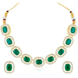 Peora Gold Plated Green Synthetic Stone Studded Fancy Choker Necklace & Stud Earrings Fashion Jewellery Set Gift for Women & Girls