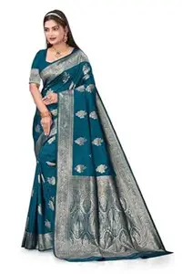 HETYASH Womens Banarasi Woven Soft Silk Saree Featuring Big Zari Butas And Floral Design On The Pallu With Banarasi Woven Soft Silk Blouse 5.5 Meter Saree 0.8 Meter Unstitched Blouse Piece