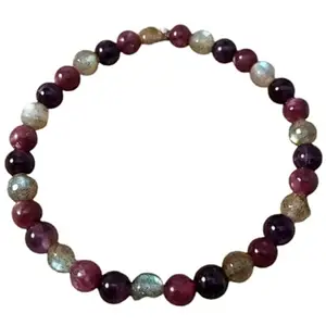 Lady Works Natural Amethyst, Lepidolite, Labradorite 8mm Round Shape Smooth Cut Beads 7.5 Inch Stretchable Bracelet For Men & Women. Unisex Bracelet For Healing, Meditation & Luck|LW_BRST_00597_7.5