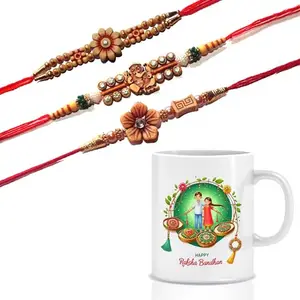 Ethnic Darzi Elegant Beaded Rakhi for Brother | Traditional Handmade Combo of 3 Rakhis with Printed Ceramic Coffee Mug for Brother | Rakhi Gift Set for Bhai- RKMUG-186