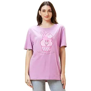 Globus Women Lilac Conversational Print Round Neck Oversized Casual T-Shirt-3638812004