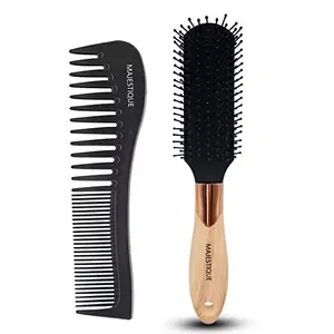 Majestique Flat Hair Brush with Hair Comb. Detangling Brush for Men and Women. Great On Wet or Dry Hair. No More Tangle Hairbrush for Long Thick Thin Curly Natural Hair. Pack Of 2