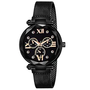 Red Robin New Roman Mina Design Round Black Dial with Latest Stylish Black Magnet Belt Analogue Watch - for Women & Girls