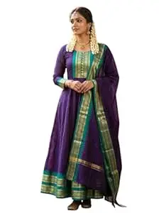 Women's Beautiful Kanchi Cotton with Jacquard Less with Embroidery AnarkaliGown & Dupatta Set AnarkaliGown3/4 Sleeve with Less Ethnic AnarkaliGown and Dupatta Lehenga Choli (PURPLE, XL)