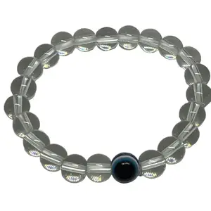 Natural Crystal Healing Stone Bracelet, Clear Beads with Blue Evil Eye, 19 cm, Unisex Stretchable