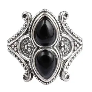 Metal Alloy Rhodium Polished Pear Shape Black Onyx Gemstone Handmade Birthstone Ring Indian Size 11 RGS-1400