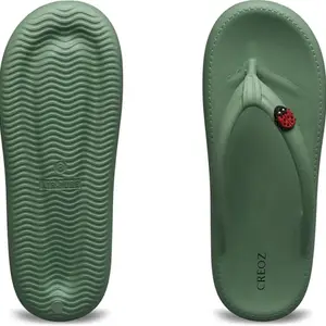 CREOZ THE BOUNCE Elegant Olive Green Color Women's Comfortable EVA Flip-Flops | Ultra-Light, Anti-Skid, Water-Resistant Slippers with Ladybug Charm | Stylish, Soft & Durable Open-Toe Summer
