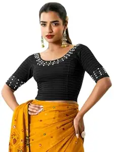 MRSWEARS Women's Regular Fit Readymade Stretchy Elbow Length Embroidered Saree Blouse