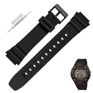 LineOn Soft Silicone Resin Watch Strap (Black) Compatible With CASIO W-216H W 216 H with Tools and Pins (Include)