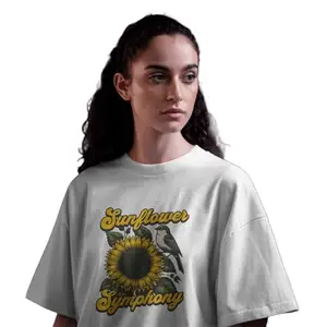 Sunflower Symphony Graphic Print Cotton T-Shirt, White, Drop Shoulder, Short Sleeve, Crew Neck