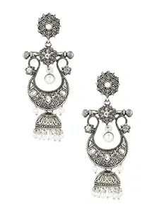 Fabula by OOMPH Jewellery Oxidised Silver Tone White Pearls Long Chandbali Jhumka Earrings For Women & Girls