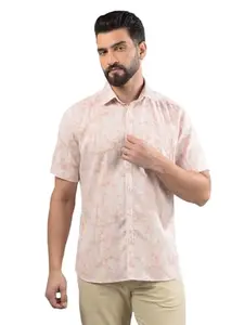 Crimsoune Club Men's Peach Floral Print Linen Shirt(XL)