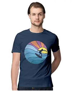 ALLEN BLACK Men's Regular Fit T-Shirt Retro Sunset Surfer 100% Cotton T-Shirt Navy Blue_RESUNSRQA-Navy Blue 4XL Men Round_