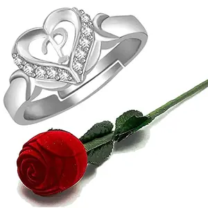 MEENAZ Couple Silver Finger Rings for women Men Boy girl girlfriend Husband Wife lovers AD Valentine American diamond Adjustable Love Heart Initial Letter P Name Alphabet Rose box Stylish platinum-464