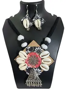 Handcrafted Cowrie Shell Necklace Set with Floral Design, Burlap and Fabric Base, Traditional Metal Pendant, Black and White