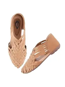 Shoetopia Women's Tan Woven Ballerina Flats – Ethnic Style Comfortable Slip-On Juttis with Closed Toe for Casual & Festive -EU42