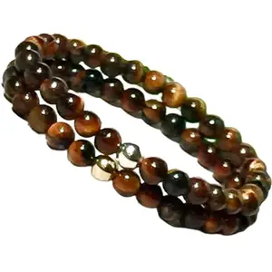 RRJEWELZ Tigers Eye 8mm Round Smooth beads Long Distance Couples Love Friendship Combo Bracelet Set - Couples Relationship 6.5 inch Stretchable Bracelets set|RR_CPBR_289_6.5