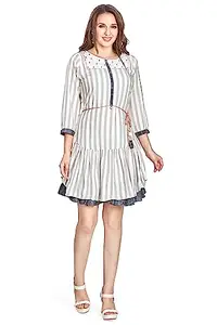 NIONI Printed Western Dress for Women | Cotton Striped Printed Short Kurti | Designer Casual Short Midi Dresses with 3/4 Sleeve (Off- White, M)