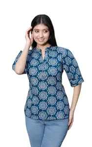 Women's Cotton Printed Top, Blue Mandala Pattern, 3/4 Sleeve, V-Neck (in, Alpha, L, Blue)