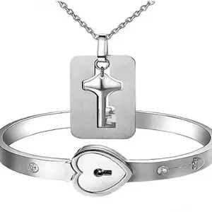 Lila Stainless Steel Couple Lock & Key Bracelet & Chain (Model : 002) White Grey | Couple Set | Gifting Option