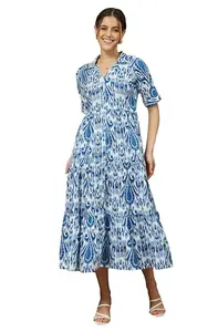 Janasya Women's Indigo Blue Linen Cotton Ikkat Printed Tiered Dress (JAC25DR02746-XXL)