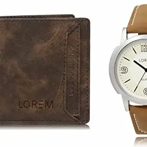 LOREM Brown Color Faux Leather Wallet & White Analog Watch Combo for Men | WL04-LR16