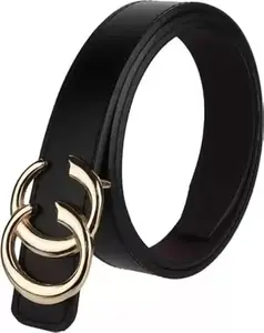 NIDDLEMAN Girl's Belts with Double Ring Golden Buckle, Fashion Trendy Faxu Leather Round Circle Belts for Jeans Dress (Black) (26, Golden Black)
