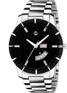 Wizard Times Men's Analog Wristwatch, Silver Stainless Steel Strap Black Day & Date Dial, Water Resistant, Formal & Casual Wear, Gift Watch for Men (Silver)