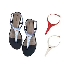Cameleo -changes with You! Women's Plural T-Strap Slingback Flat Sandals | 3-in-1 Interchangeable Leather Strap Set | Silver-Red-White