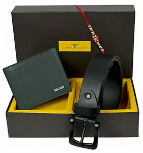 URBAN FOREST Rakhi Gift Hamper for Brother - Classic Green Men's Leather Wallet, Casual Black Leather Belt and Rakhi Combo Gift Set for Brother - 4625
