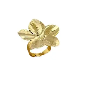 Gold-Plated Floral Statement Ring, 3.3 cm Flower, Adjustable Band, 1.7 cm Internal Diameter