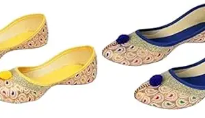 Seven Style Ladies Ethnic Flats for Women's Rajasthani Jutti and Traditional Mojari (Pack of 2)(CJ-02-6) Yellow,Blue