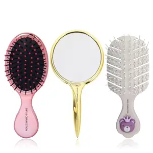 Swiss Connection Mini Pocket Detangling Hair Brush - Soft Ball Tipped Nylon Pin All Hair Types Flexible Bristles for Straight, Curly-Thick Hair & Handle Mirror Easy To Use (Multicolor)(Pack of 3)