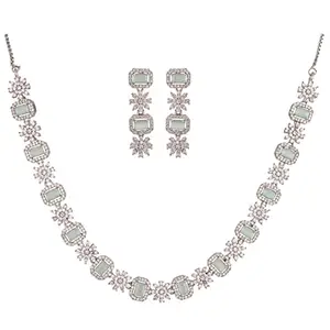 RATNAVALI JEWELS American Diamond Necklace set Silver Plated Traditional stylish Wedding Western Mint Jewellery Set with Dangler Earring for Women/Girls
