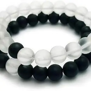 Karishma Kreations Couple Bracelet for Women Men Fashion White Black Beads 2 Bracelets Accessories Jewellery Birthday Gift Anniversary Wife Husband Stone Couple Combo Matching Bracelet