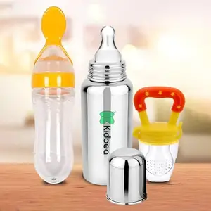 Kidbea Stainless Steel Infant Baby Feeding Bottle, Silicone Food and Fruit Feeder BPA Free, Anti-Colic Combo of 3