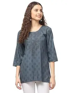 LIBA CREATIONS Rayon Short Kurta for Women Lakhnavi Chikankari Embroidered Ladies Kurti, Stylish Girls Top, Ethnic Half Kurtas 1pcs