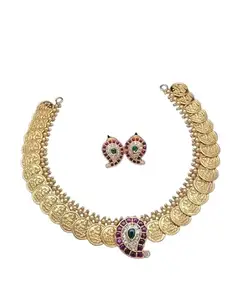 Charm_fashion_jewels Women's Gold Plated Coin Necklace (25 cm length) with Earrings | Traditional South Indian Design | Intricate Bridal Micro Plated Jewelry Set | Perfect for Weddings, Bridal, & Festivals (Gold) Kasimala coin chain harram kasimalai with Manga design magamala