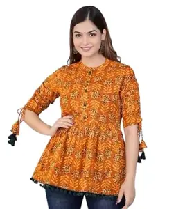 Rayon Printed Tunic Tops for Women and Girls Orange
