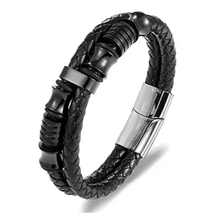 Peora Black Leather Bracelet Silver Plated Stainless Steel Metal Stylish Design Fashion Jewellery for Men & Boys (PX9LB56) - Valentine's Day Gift