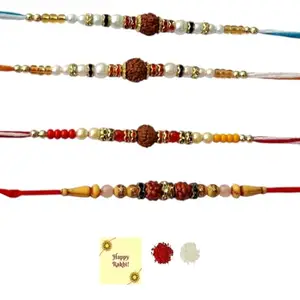 DMS RETAIL Set of 4 Designer Rudraksha Rakhis, with Roli Chawal Pack Greeetings Card- Rakhi for Brother, Bhaiya, Bhai