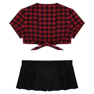 MYZA Microfiber Shirt-Skirt School Girl Roleplay Costume for Womens and Girls (Small, BK-RD)