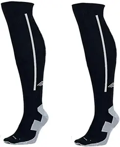 QUADA Cotton Men's Solid Knee Length Socks for Hockey/Soccer (Black With White)