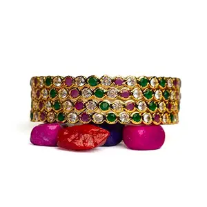 Gold Plated Antique Design Traditional Impon/Panchaloha/5 Metals Bangles With Multicolor AD Stones For Women And Girls For Engagement, Bridal Shower, Wedding, Valentines Day, Anniversary (Pair of 2) (2.4)