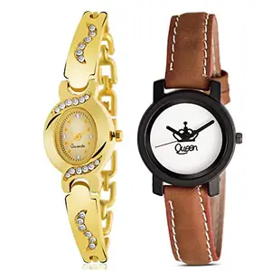 HORCHIS White Dial Queen Leather Strap & Gold Squre Dial Metal Strap Combo Analog Watch Pack of 2 for Women