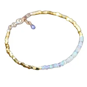 LKBEADS Gold Plated Bracelet with White Smooth Ethiopian Welo White Opal Beads – Rondelle 3mm – 7 inch Adjustable – For Men & Women|LK_STACK_02883