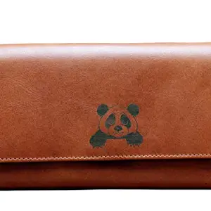 Karmanah Panda for Inner Peace Engraved Genuine Leather Wallet for Women - RFID Protected, Zipper Closure, Multi-Card Ladies Purse with Dual Picture Slots and Coin Pocket - Handcrafted Purse for Women - Light Brown