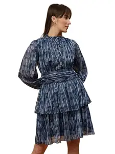 BEATNIK Casual Wear Mandarin Collar Full Sleeve Womens Dresses (Large, Blue)