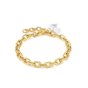 Jewels Galaxy Gold Plated Anti Tarnish Stainless Steel Pearl Studded Bracelet (MYN-BNG-16199)